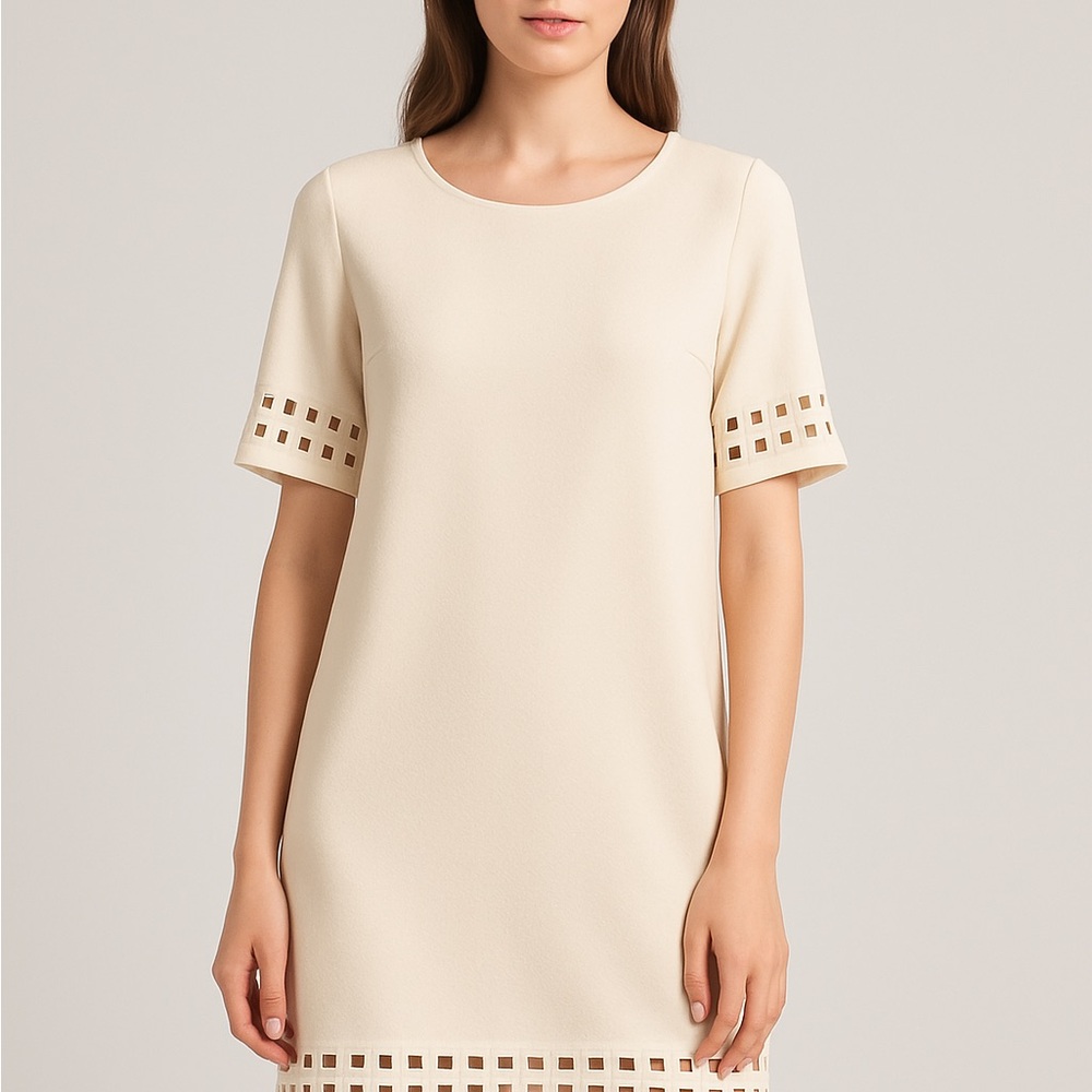 Ya Los Angeles Cream Shift Dress with Lattice Trim – Size M
